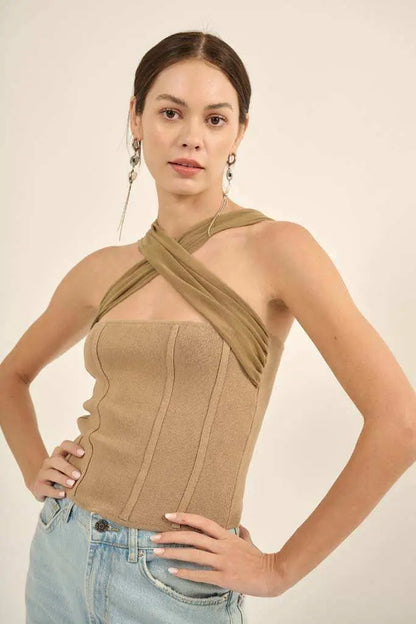 Shaper Fit Cross-Front Rib-Knit Corset Top