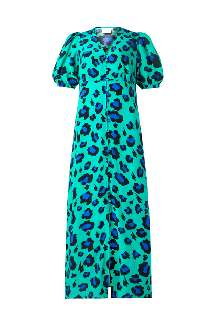 Green with Blue and Black Shadow Leopard Blouson Sleeve Midi Tea Dress