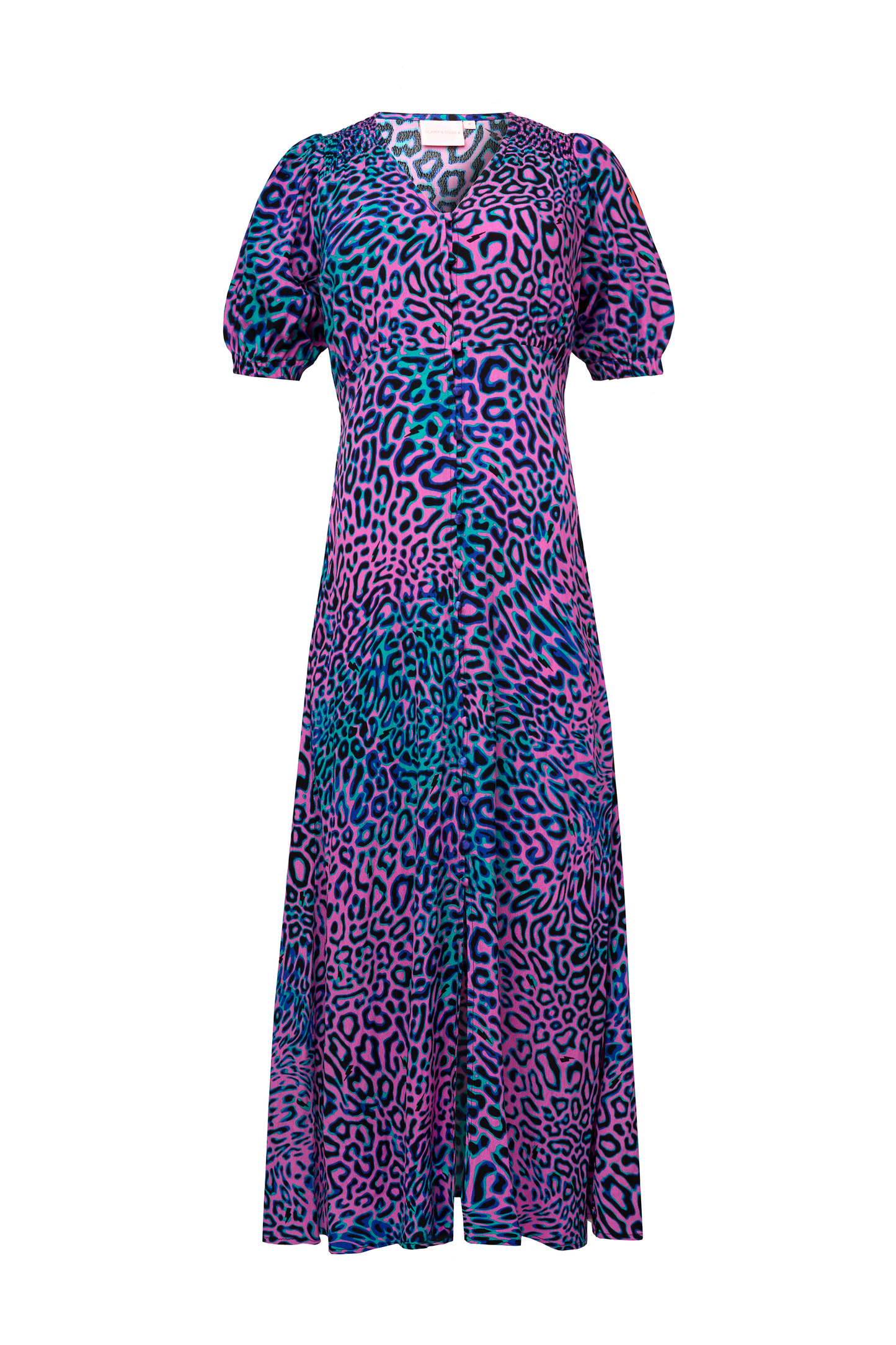 Pink with Green Leopard Ray Blouson Sleeve Midi Tea Dress