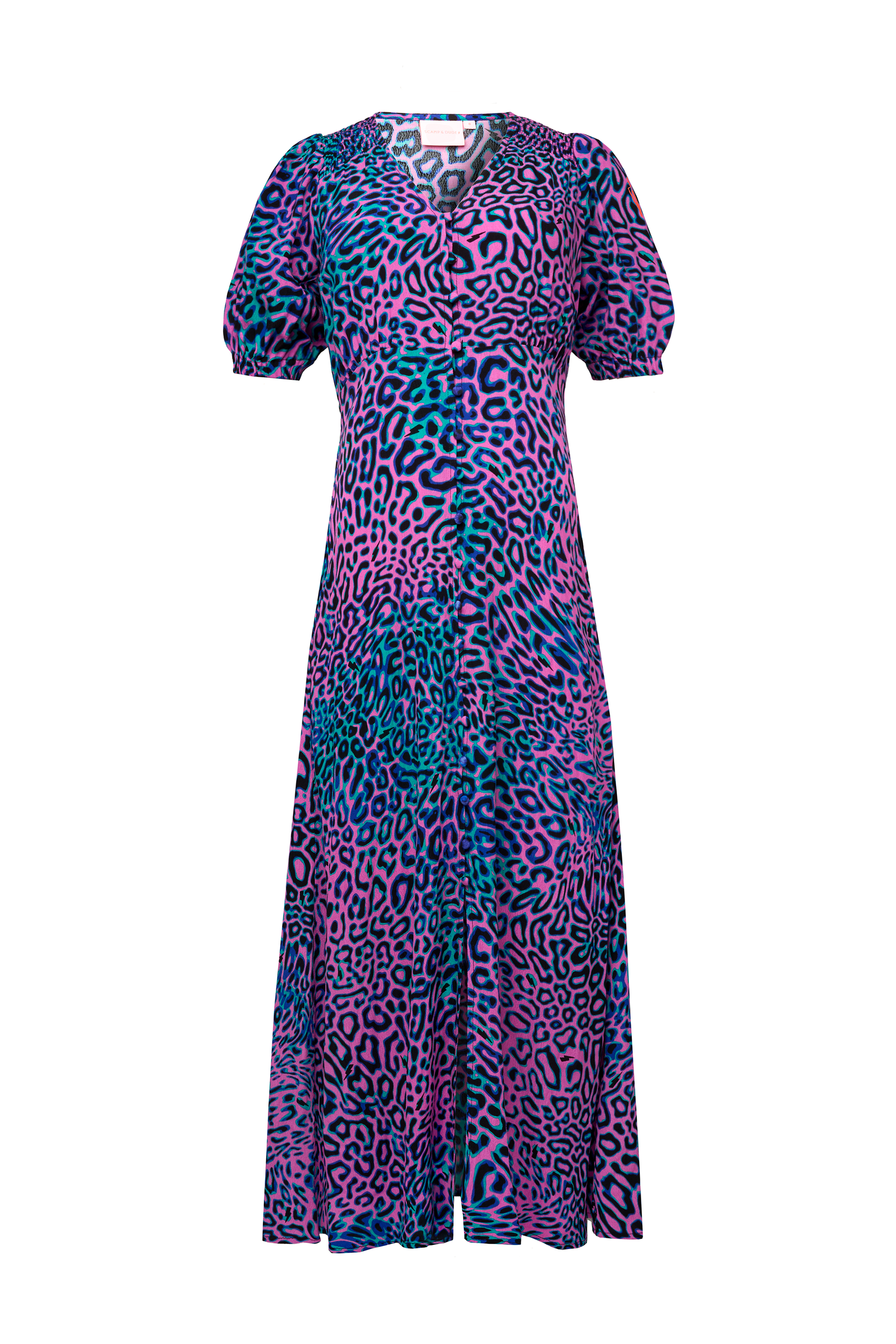 Pink with Green Leopard Ray Blouson Sleeve Midi Tea Dress