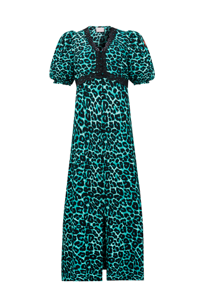 Green Jaguar Lace Trim Puff Sleeve Midi Tea Dress