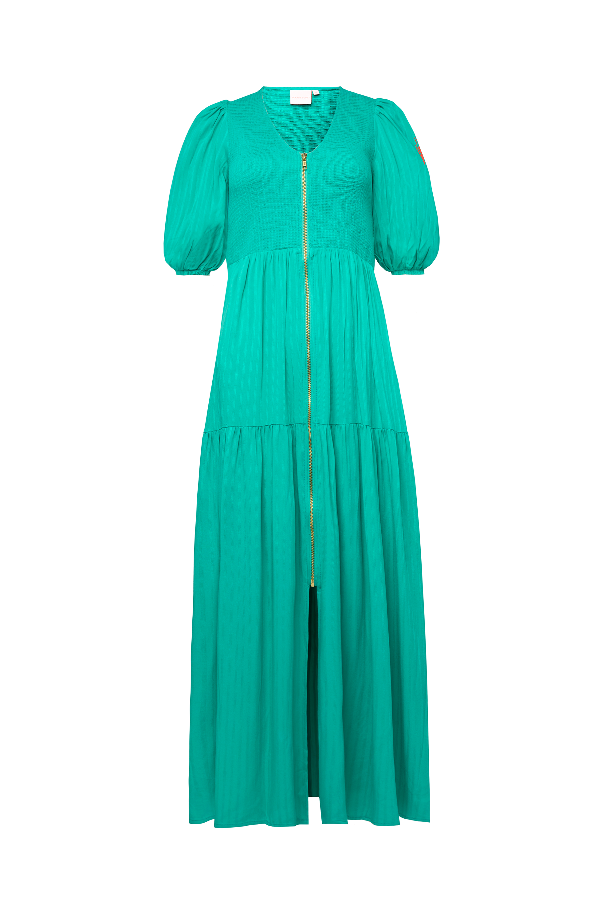 Green Shirred Zip Detail Midi Dress