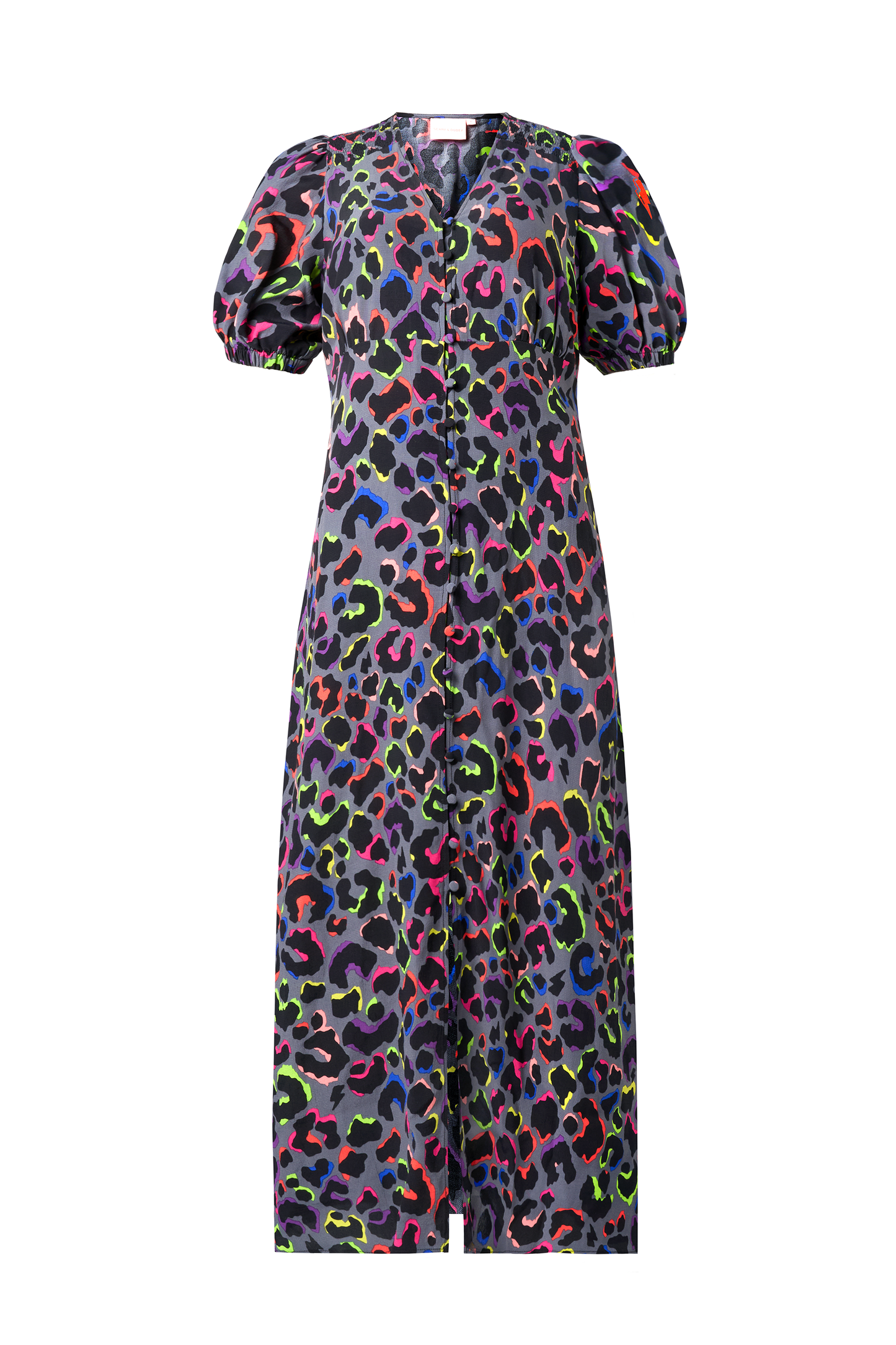 Grey with Rainbow Shadow Leopard Blouson Sleeve Midi Tea Dress