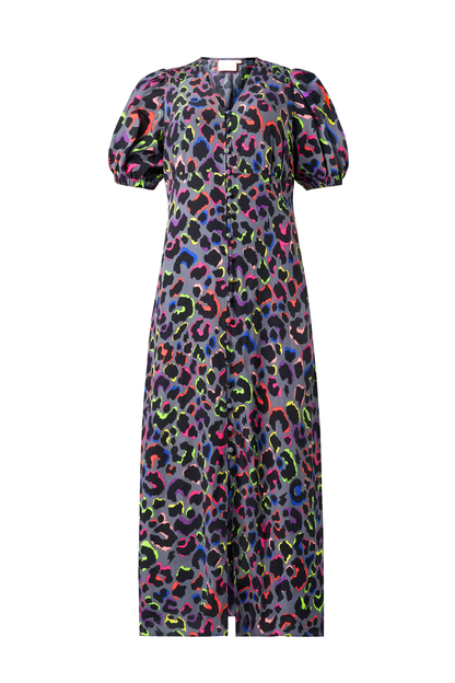 Grey with Rainbow Shadow Leopard Blouson Sleeve Midi Tea Dress