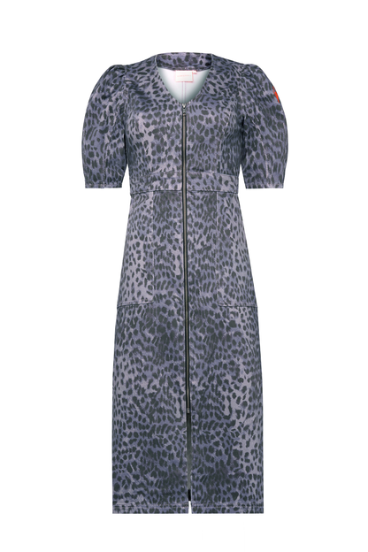 Washed Navy Wild Cheetah Denim Zip Front Midi Dress