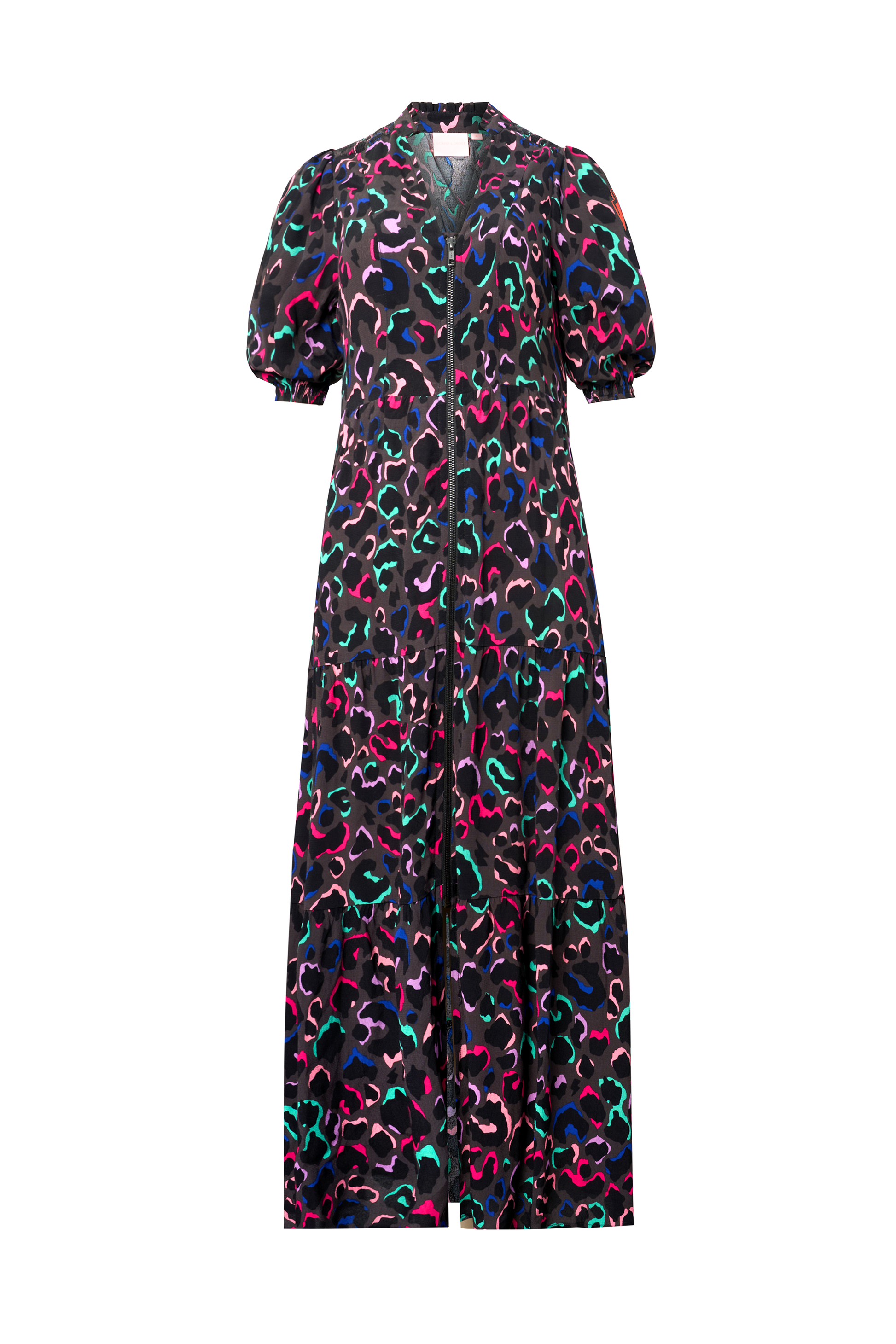 Grey with Rainbow Ziggy Leopard Zip Front Midi Tiered Dress