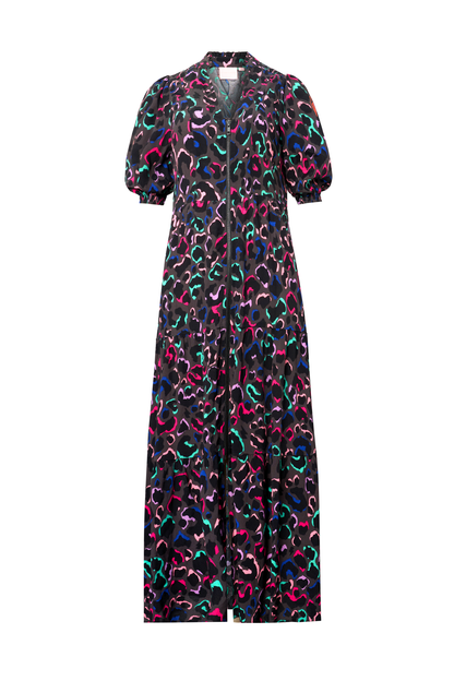 Grey with Rainbow Ziggy Leopard Zip Front Midi Tiered Dress