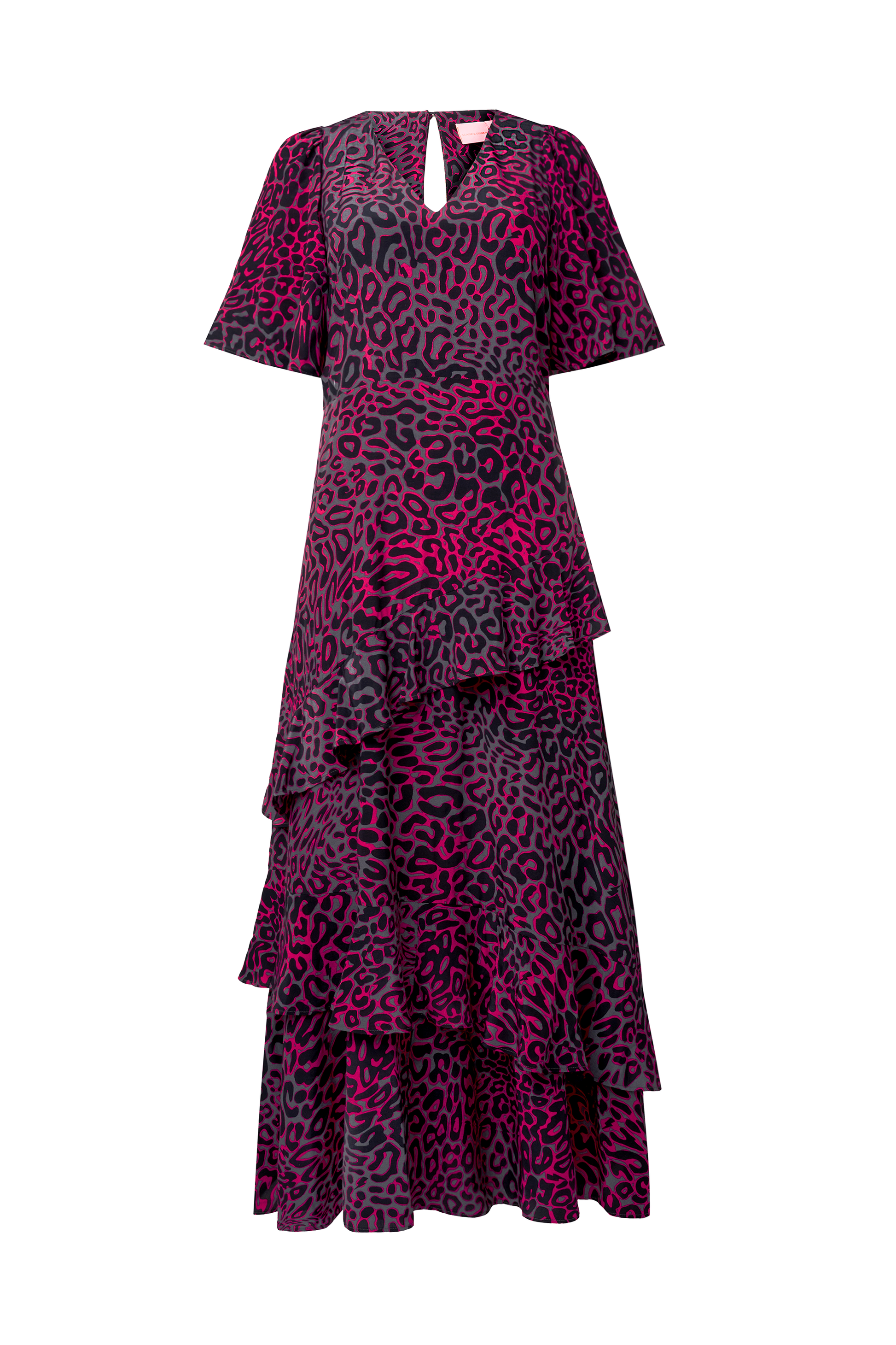 Grey with Pink Leopard Ray Ruffle Detail Midi Dress