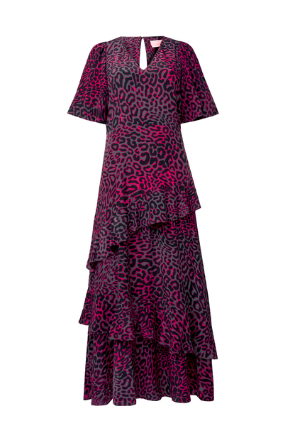 Grey with Pink Leopard Ray Ruffle Detail Midi Dress