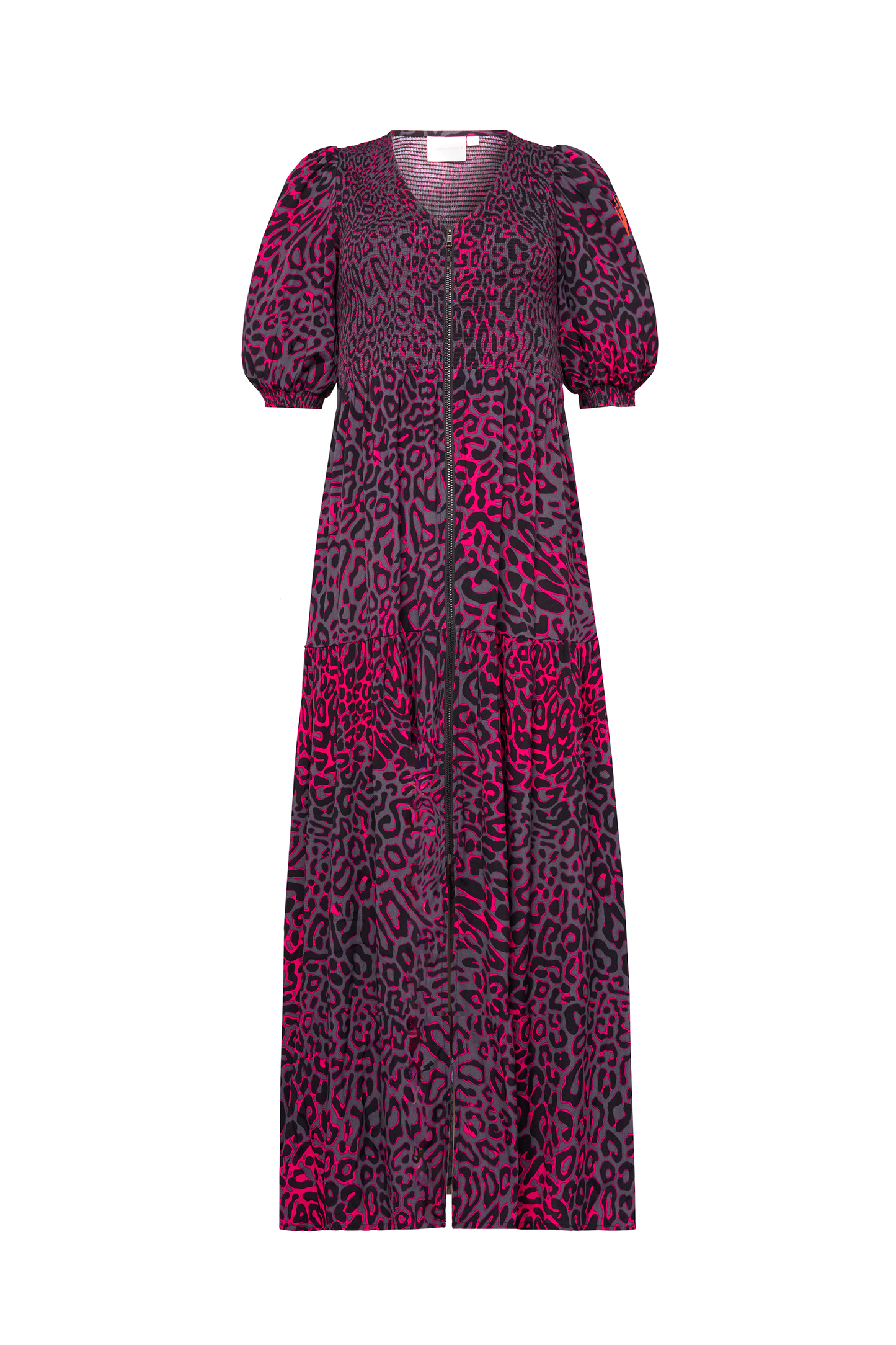 Grey with Pink Leopard Ray Shirred Zip Detail Midi Dress