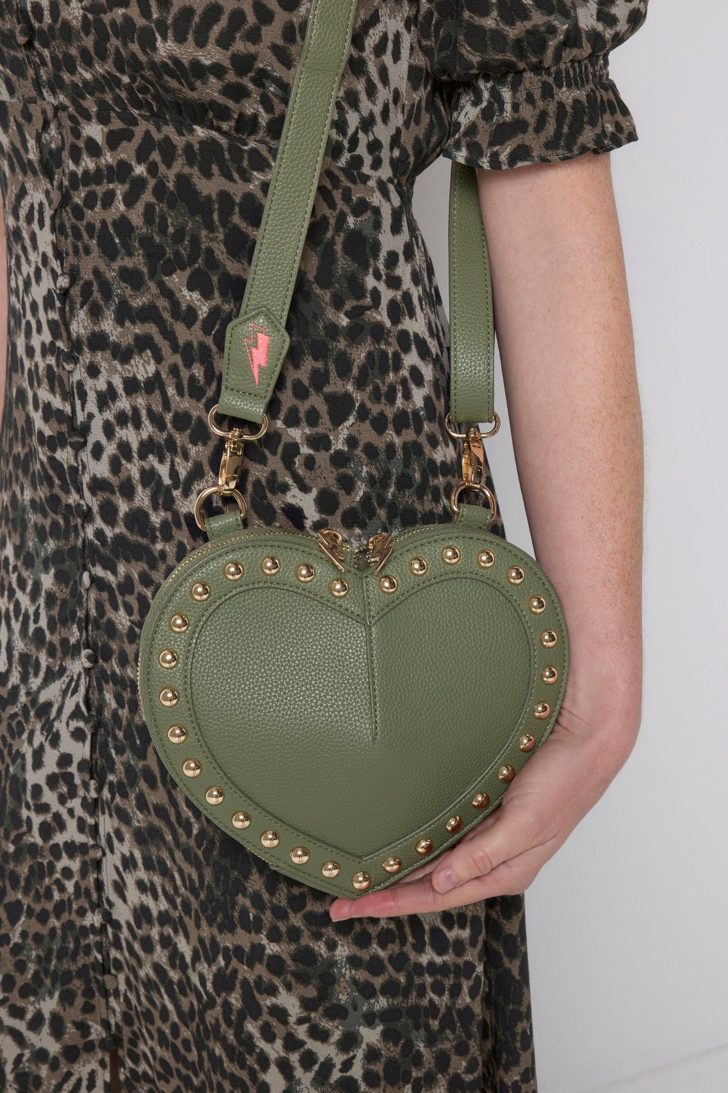 Khaki Heart Studded Cross Body Bag