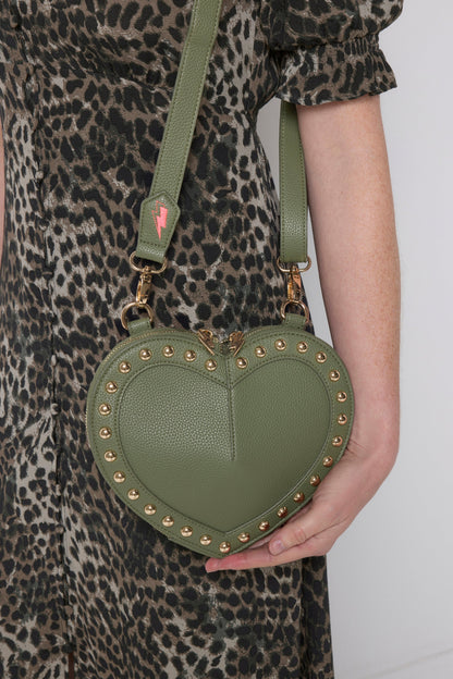 Khaki Heart Studded Cross Body Bag