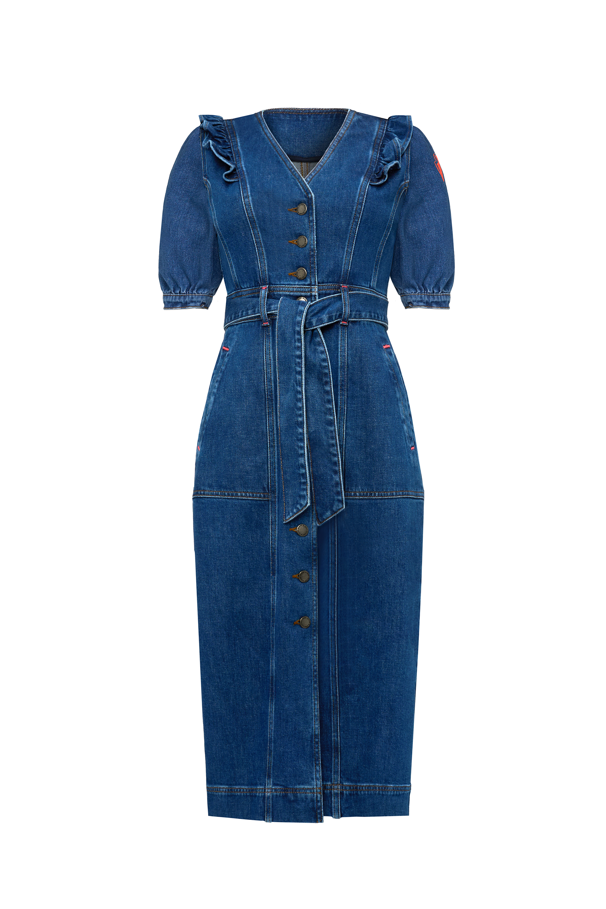 Indigo Frill Sleeve Midi Denim Dress