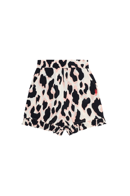 Ivory with Neutral and Black Leopard Frill Hem Shorts