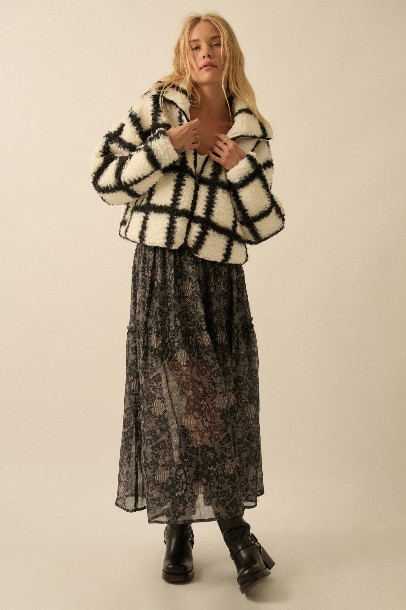 Outside the Box Check-Print Sherpa Fleece Jacket