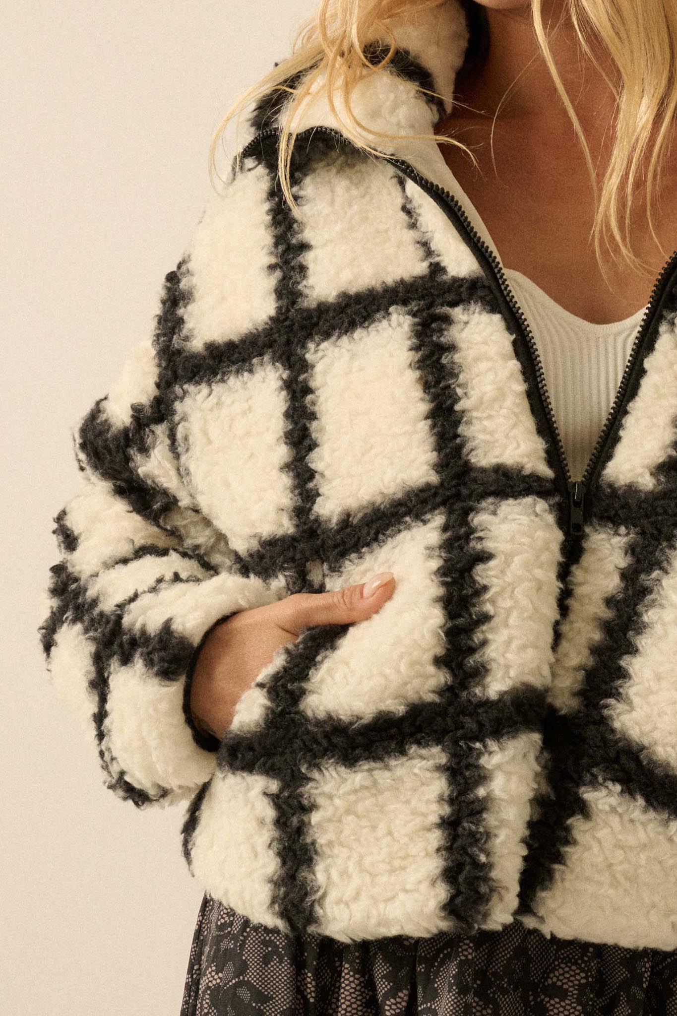 Outside the Box Check-Print Sherpa Fleece Jacket