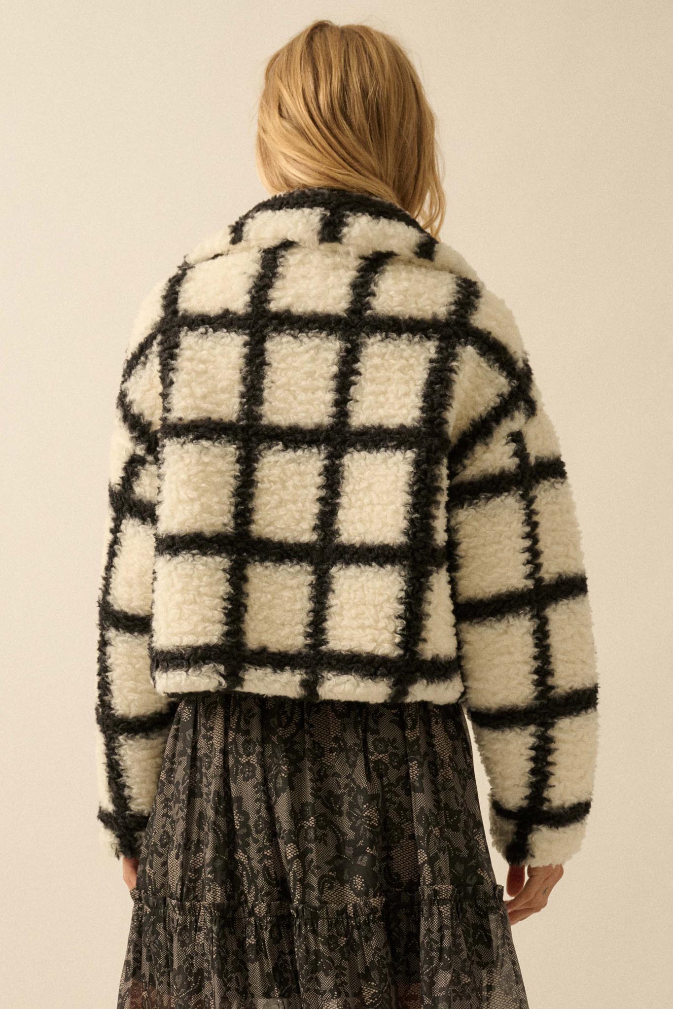 Outside the Box Check-Print Sherpa Fleece Jacket