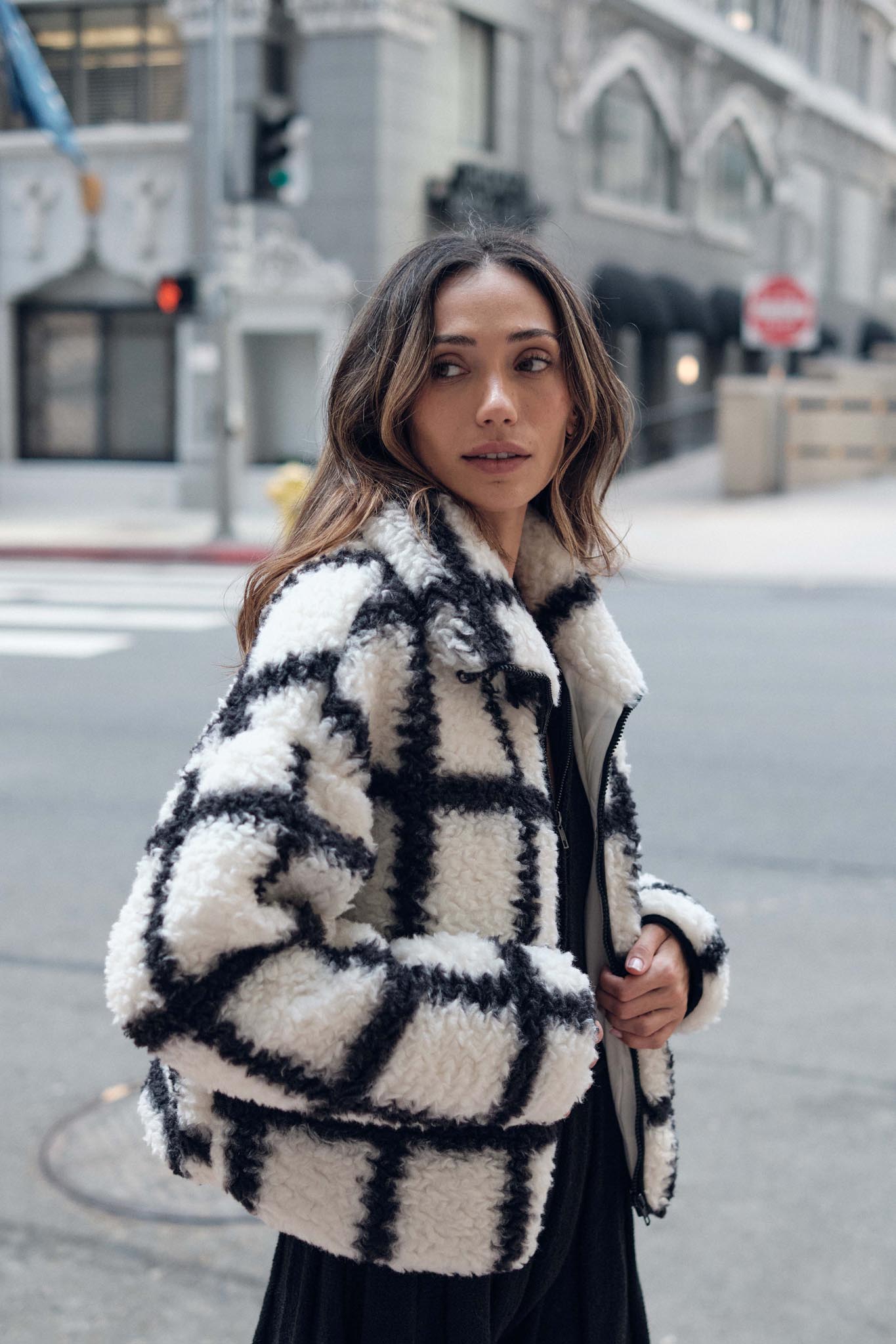 Outside the Box Check-Print Sherpa Fleece Jacket