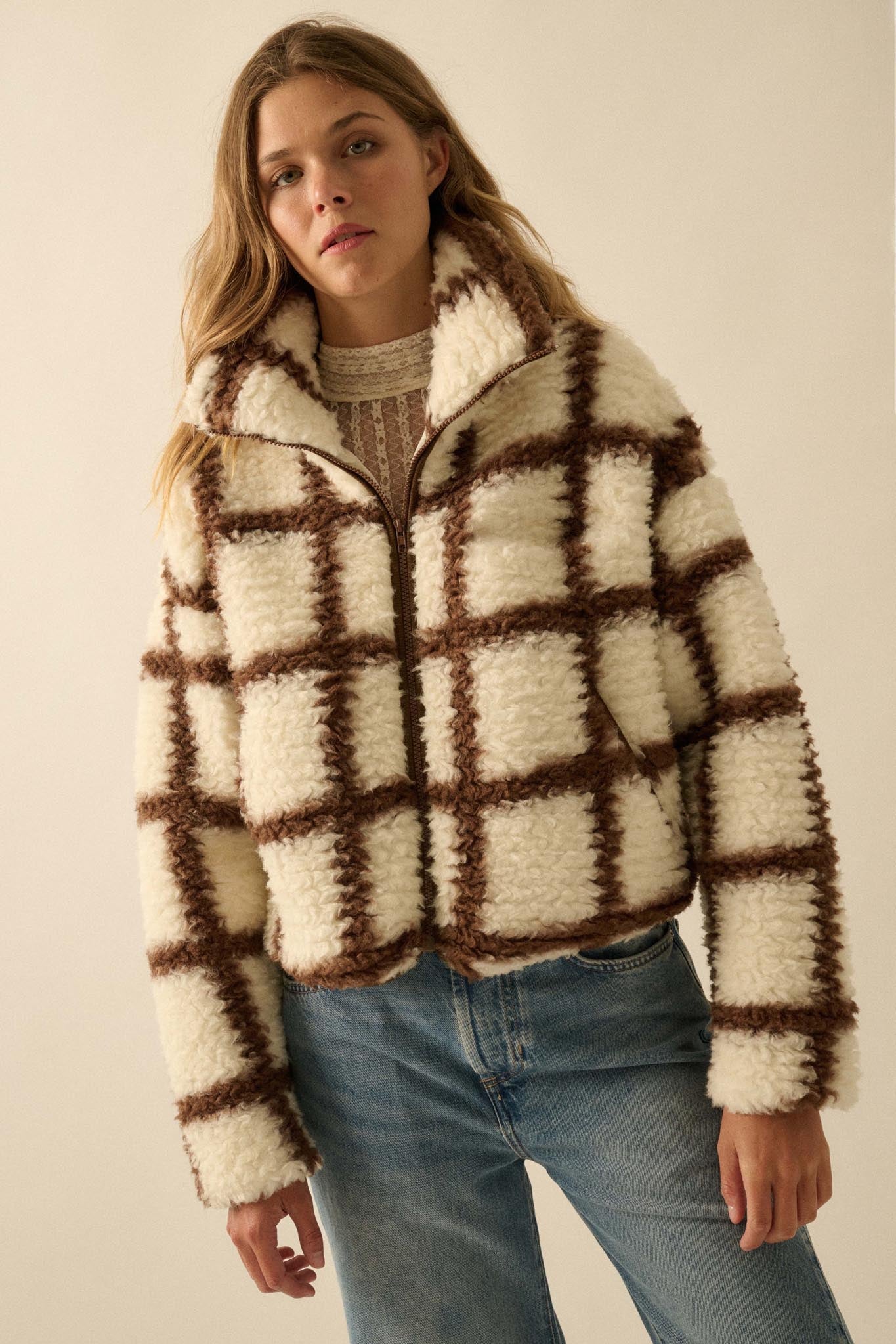 Outside the Box Check-Print Sherpa Fleece Jacket