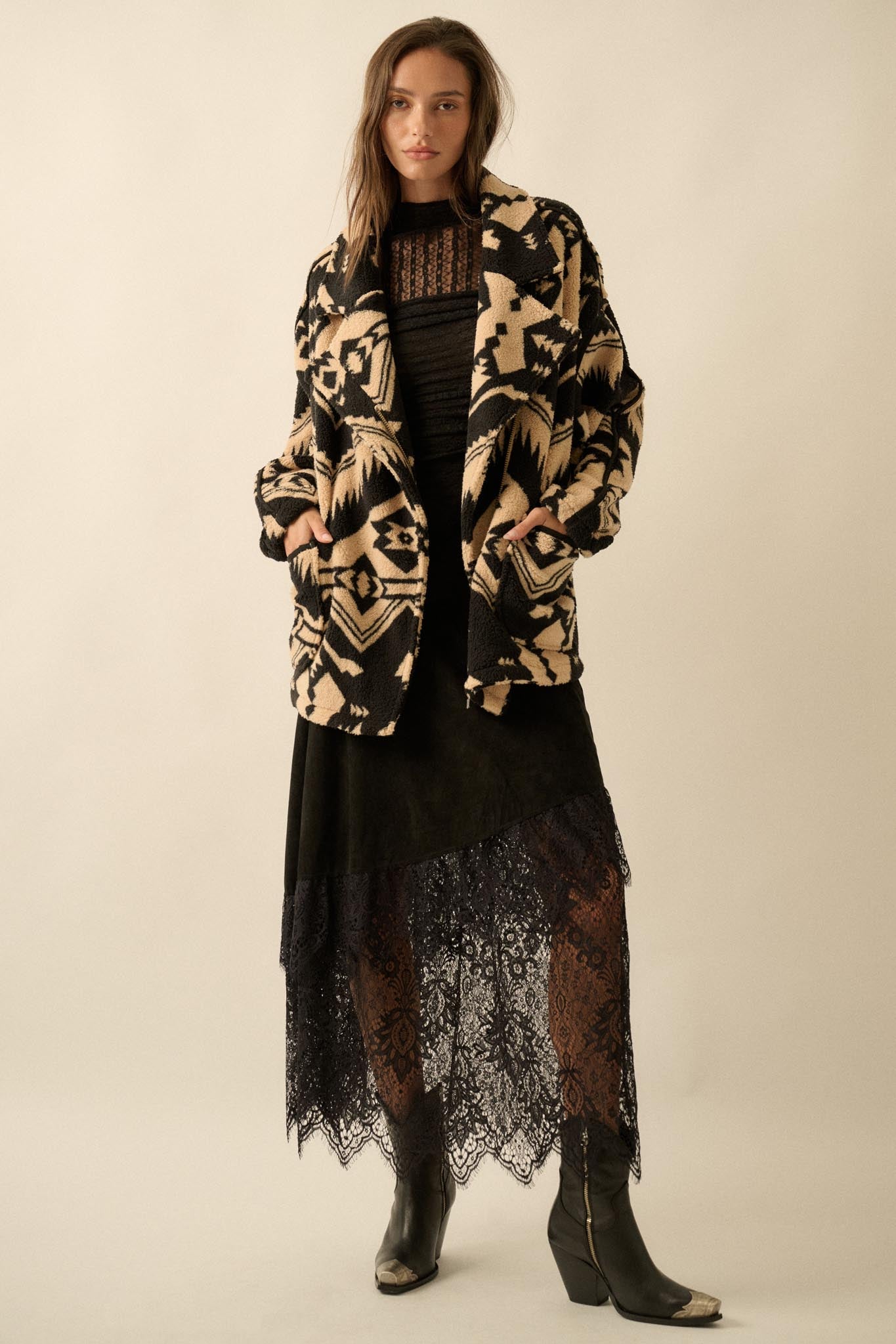High Plains Geometric-Print Fleece Lapel Jacket