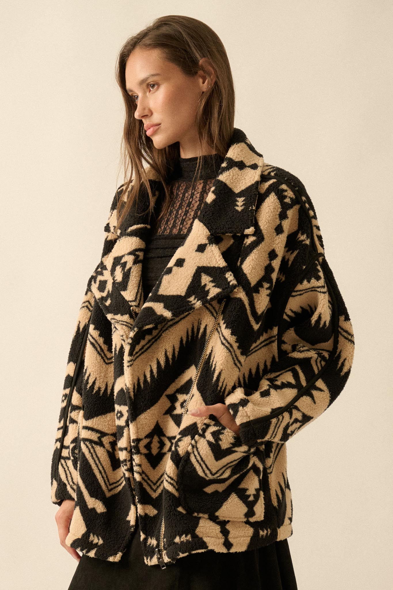 High Plains Geometric-Print Fleece Lapel Jacket