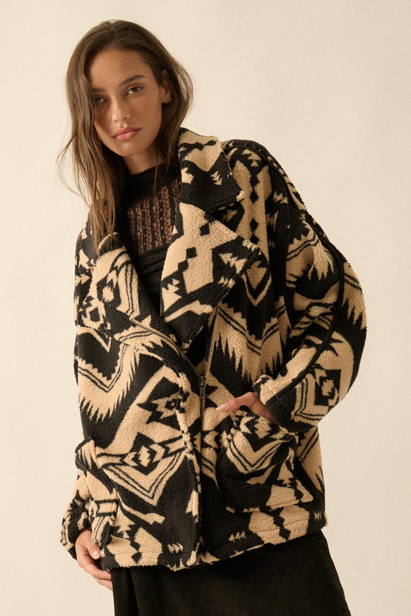 High Plains Geometric-Print Fleece Lapel Jacket