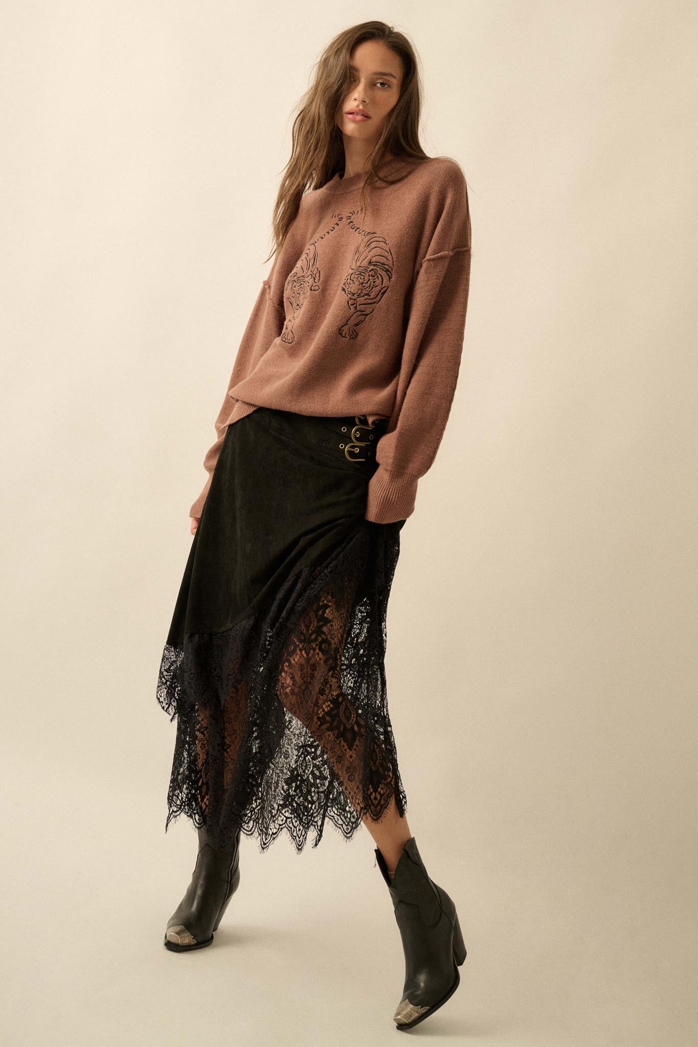 Angelic Touch Vegan Suede and Lace Maxi Skirt