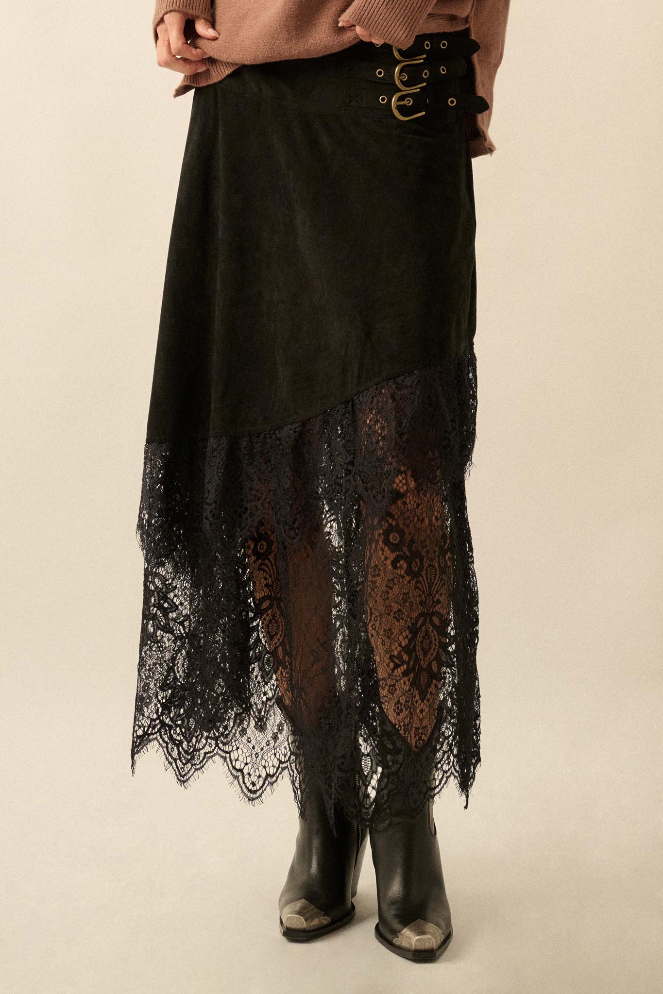 Angelic Touch Vegan Suede and Lace Maxi Skirt