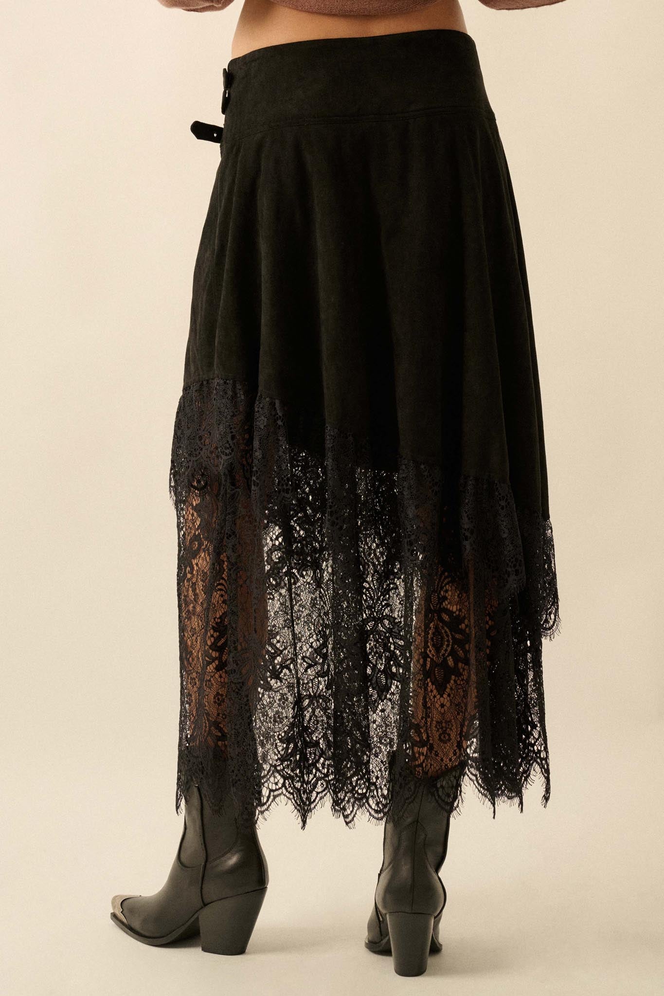 Angelic Touch Vegan Suede and Lace Maxi Skirt