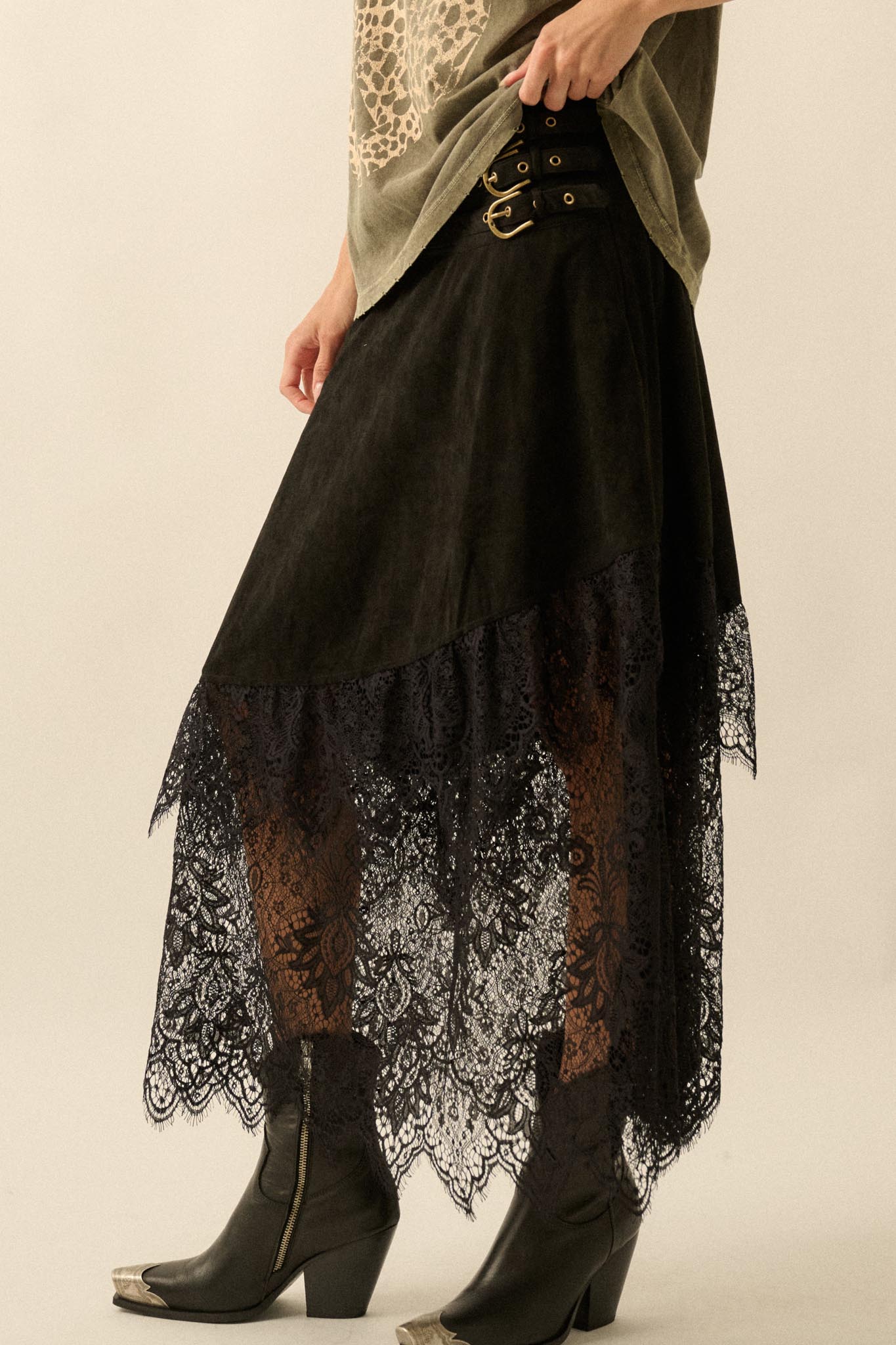 Angelic Touch Vegan Suede and Lace Maxi Skirt