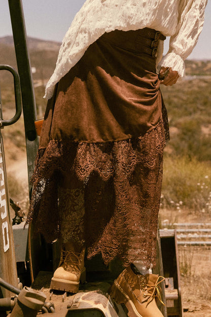 Angelic Touch Vegan Suede and Lace Maxi Skirt
