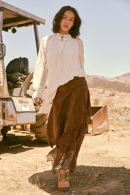 Angelic Touch Vegan Suede and Lace Maxi Skirt
