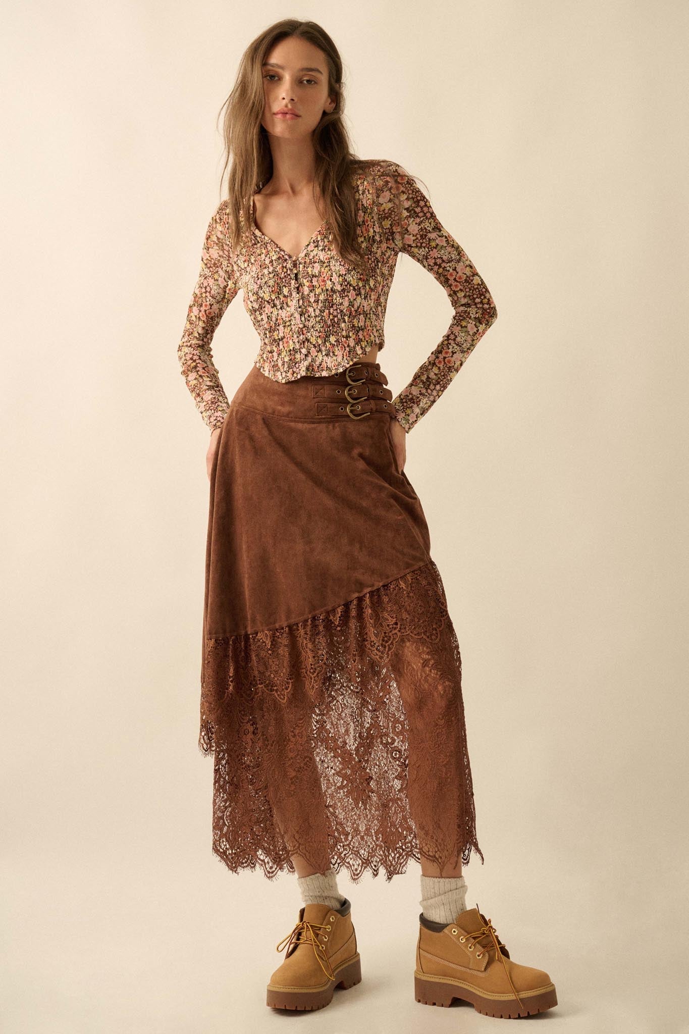 Angelic Touch Vegan Suede and Lace Maxi Skirt