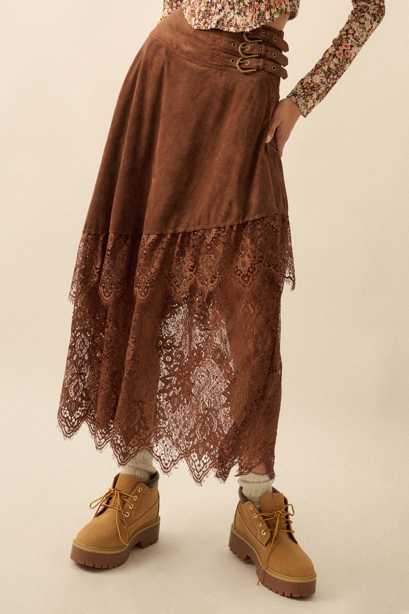 Angelic Touch Vegan Suede and Lace Maxi Skirt