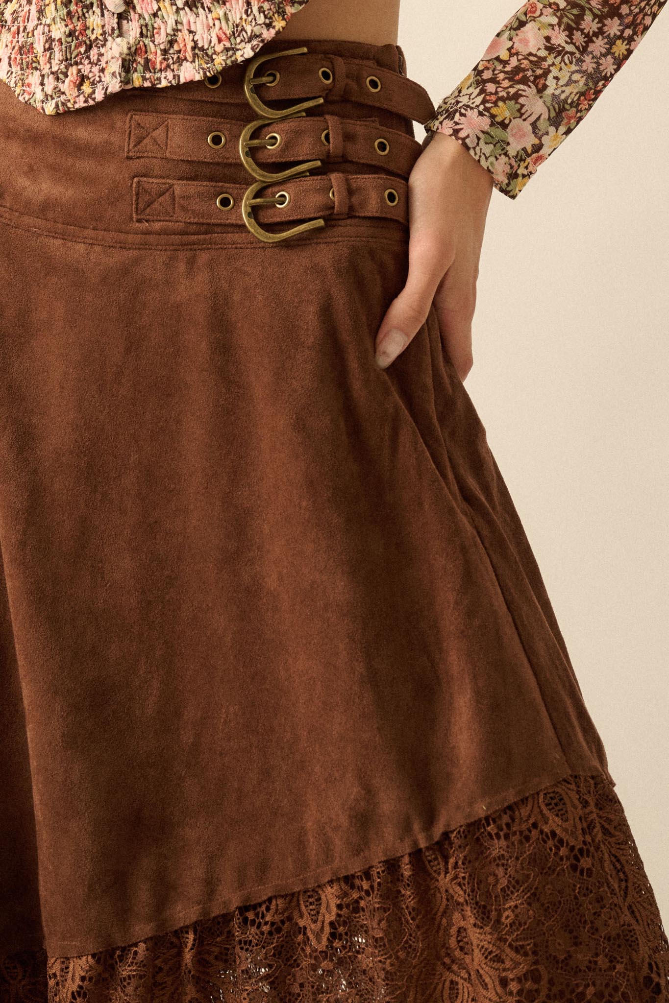 Angelic Touch Vegan Suede and Lace Maxi Skirt