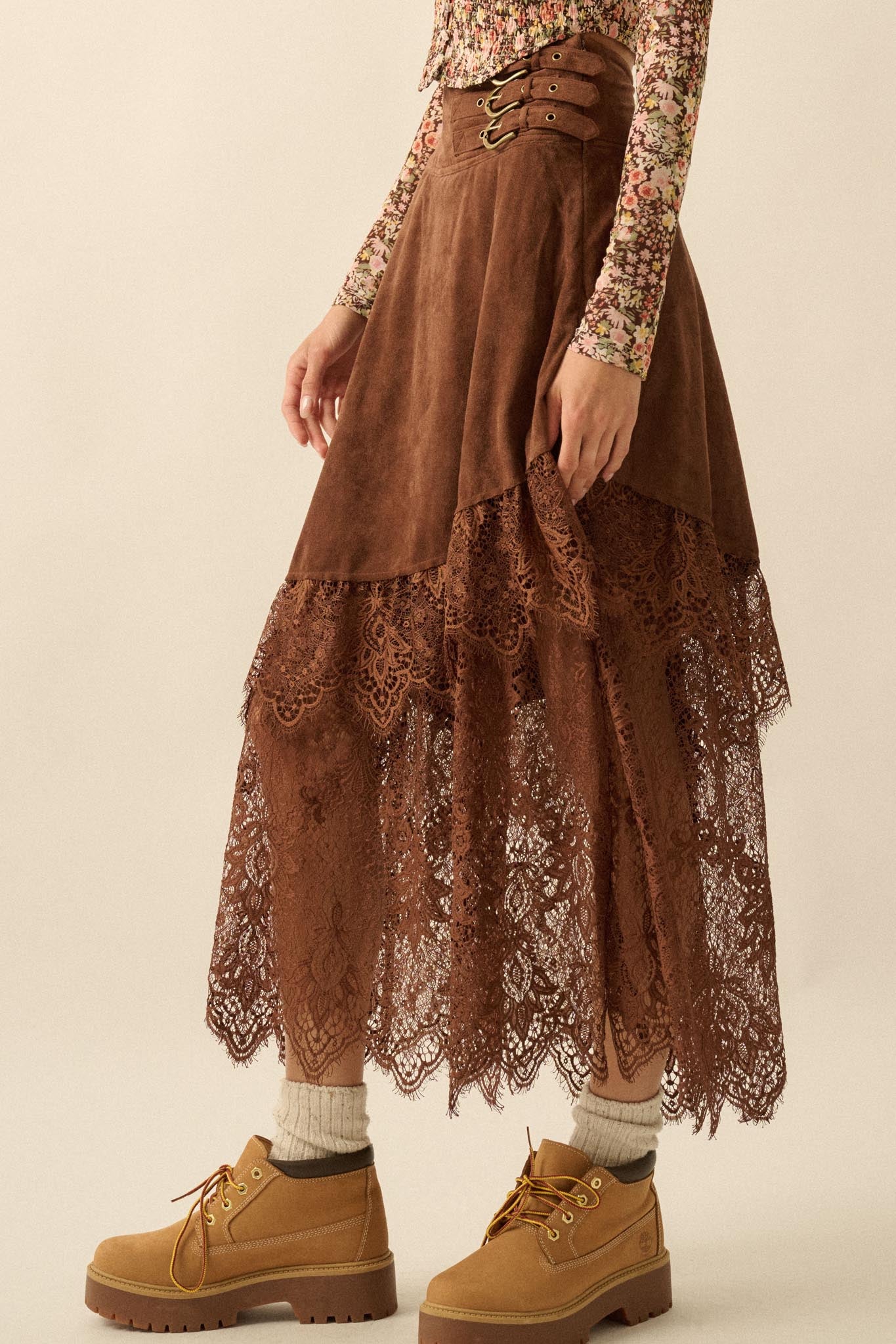 Angelic Touch Vegan Suede and Lace Maxi Skirt