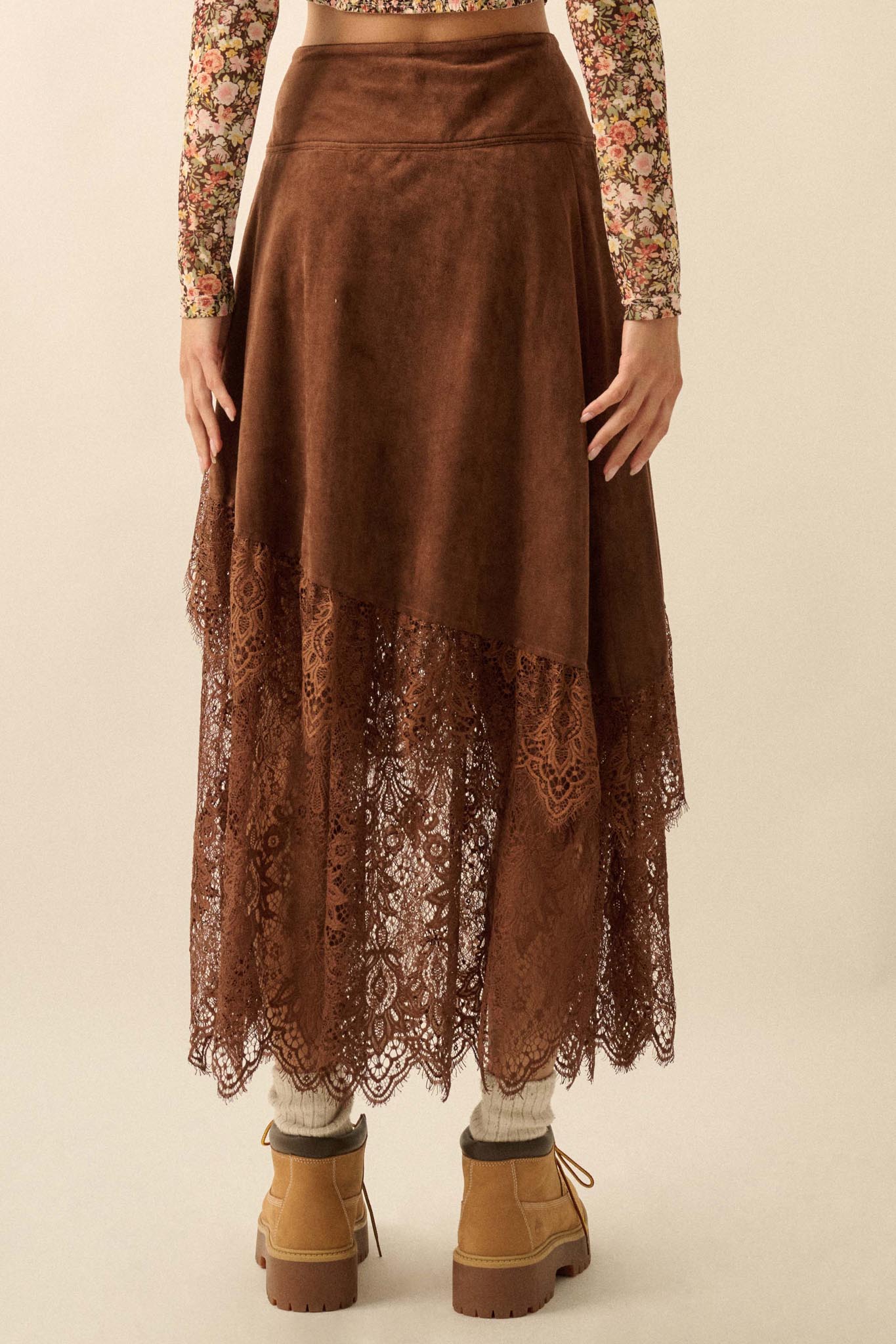 Angelic Touch Vegan Suede and Lace Maxi Skirt