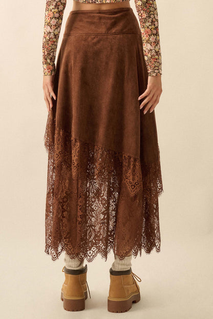 Angelic Touch Vegan Suede and Lace Maxi Skirt