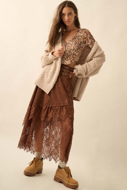 Angelic Touch Vegan Suede and Lace Maxi Skirt