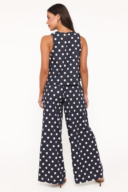 Jillian Smocked Pant Set - Navy Polka Dot