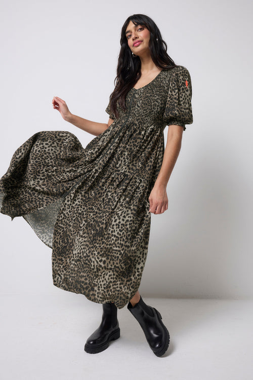 Khaki Cheetah Shirred Zip Detail Midi Dress