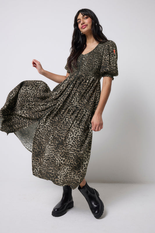 Khaki Cheetah Shirred Zip Detail Midi Dress