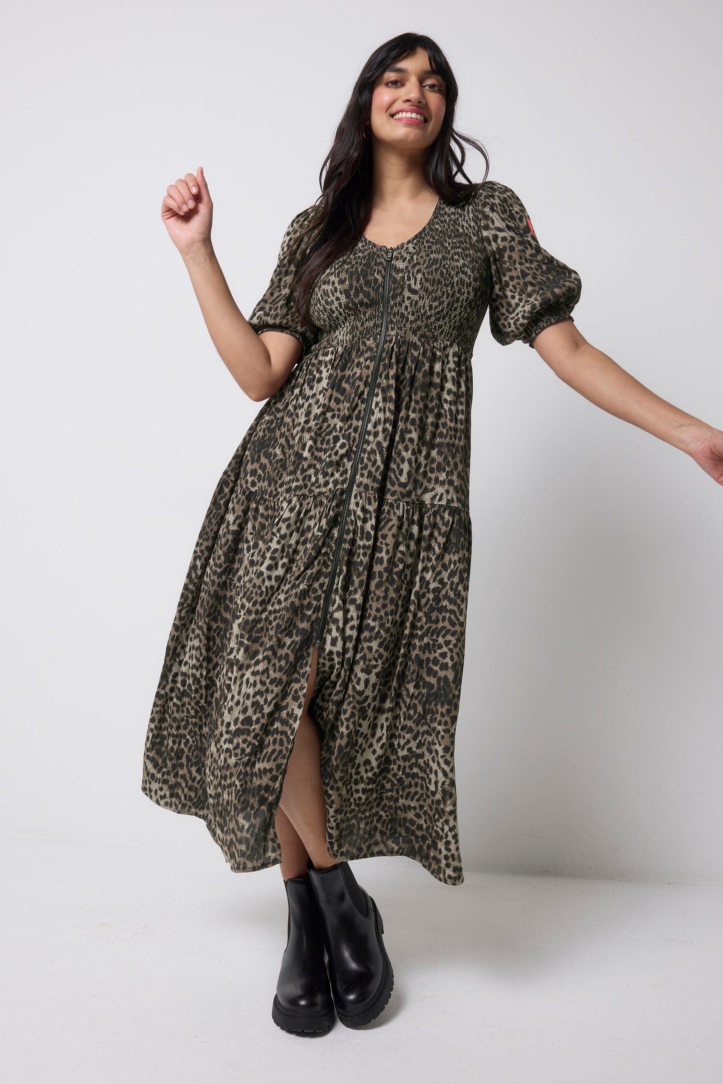 Khaki Cheetah Shirred Zip Detail Midi Dress