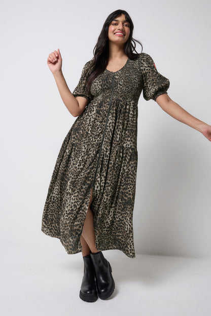 Khaki Cheetah Shirred Zip Detail Midi Dress
