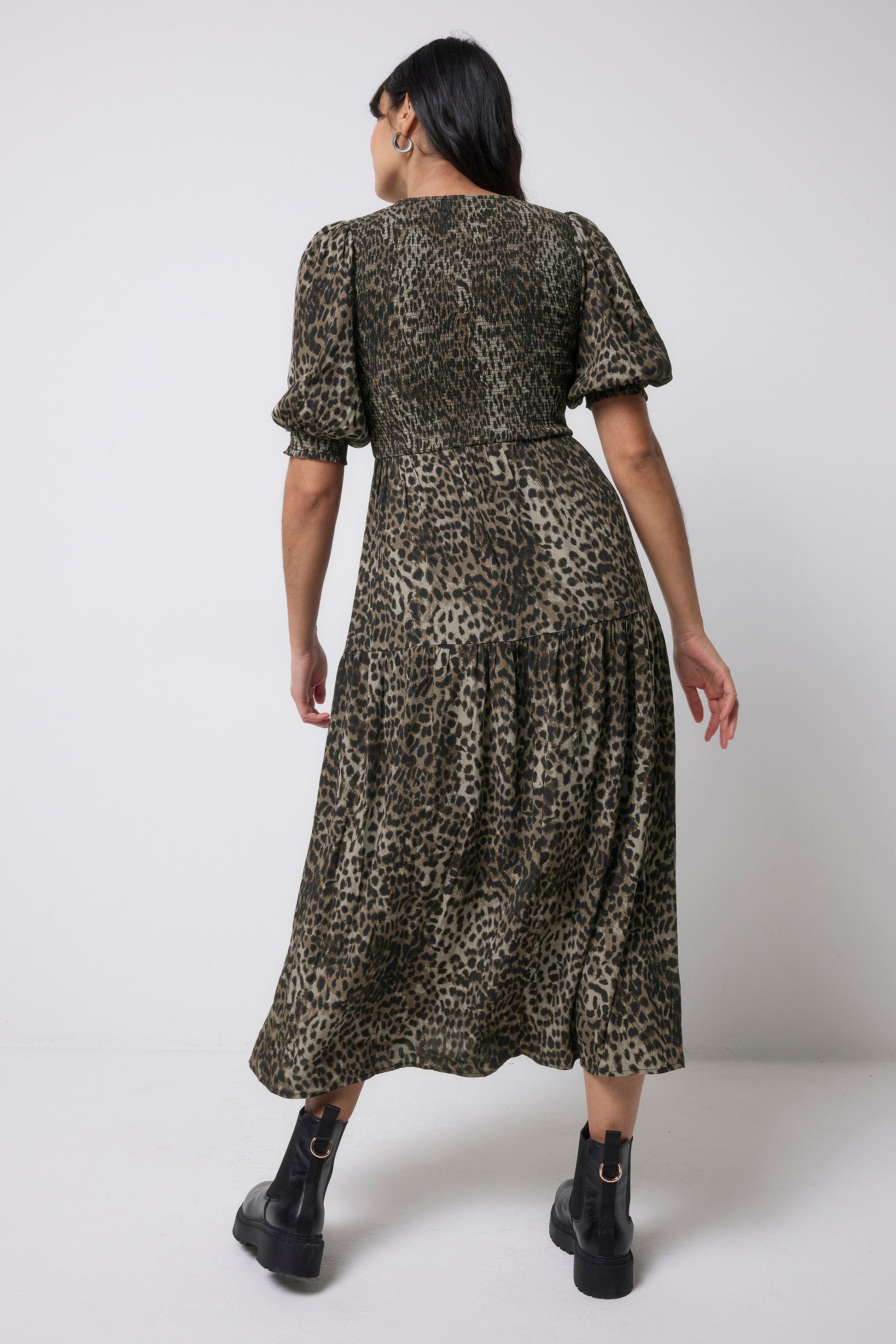 Khaki Cheetah Shirred Zip Detail Midi Dress