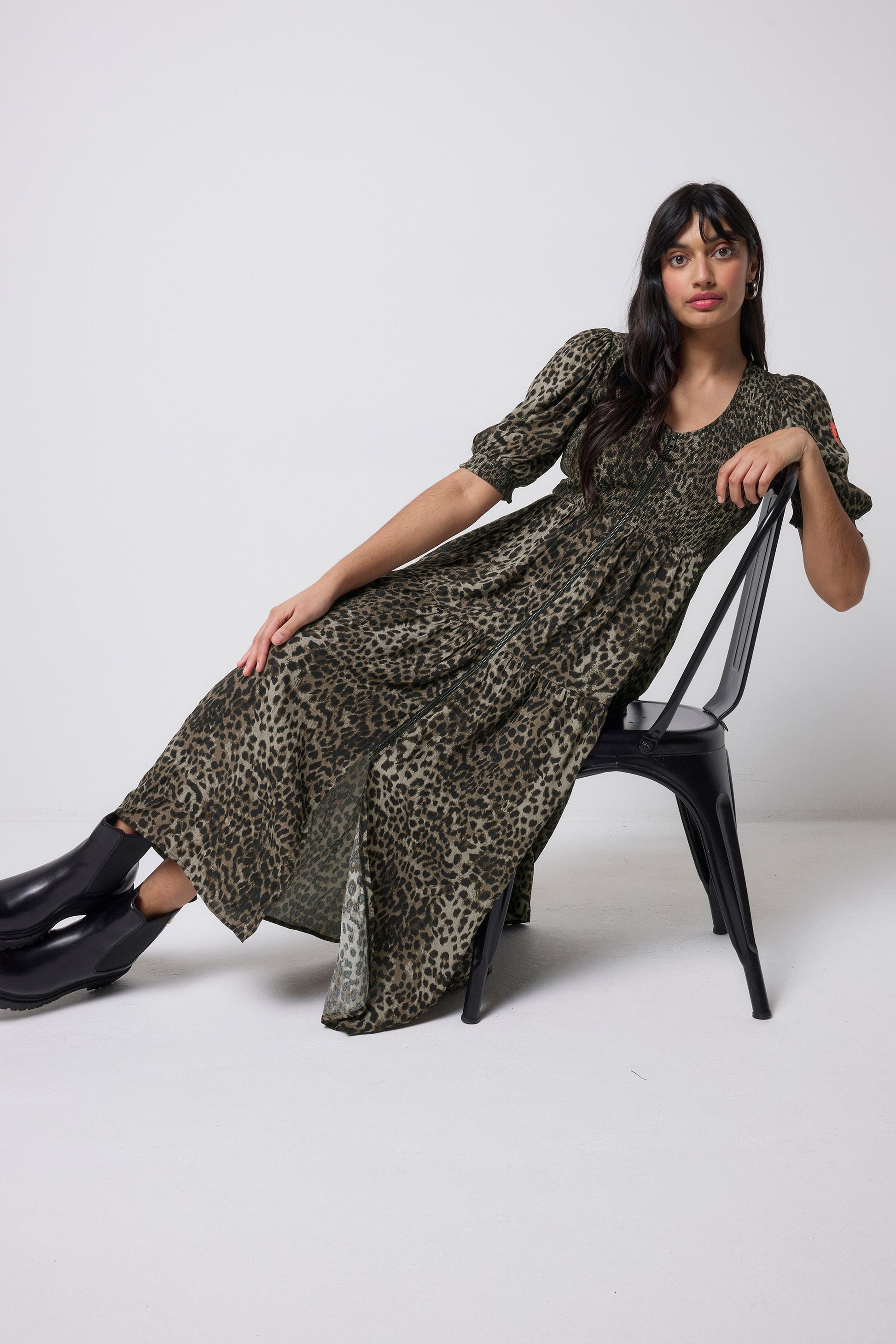 Khaki Cheetah Shirred Zip Detail Midi Dress