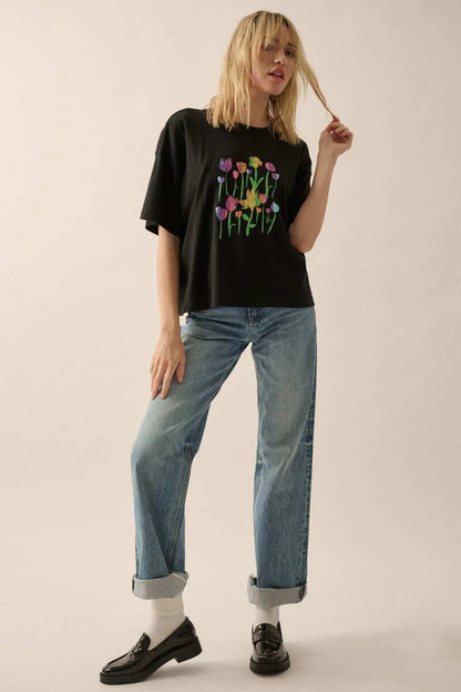 Prismatic Blooms Vintage-Print Flower Graphic Tee