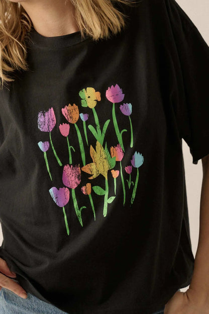 Prismatic Blooms Vintage-Print Flower Graphic Tee