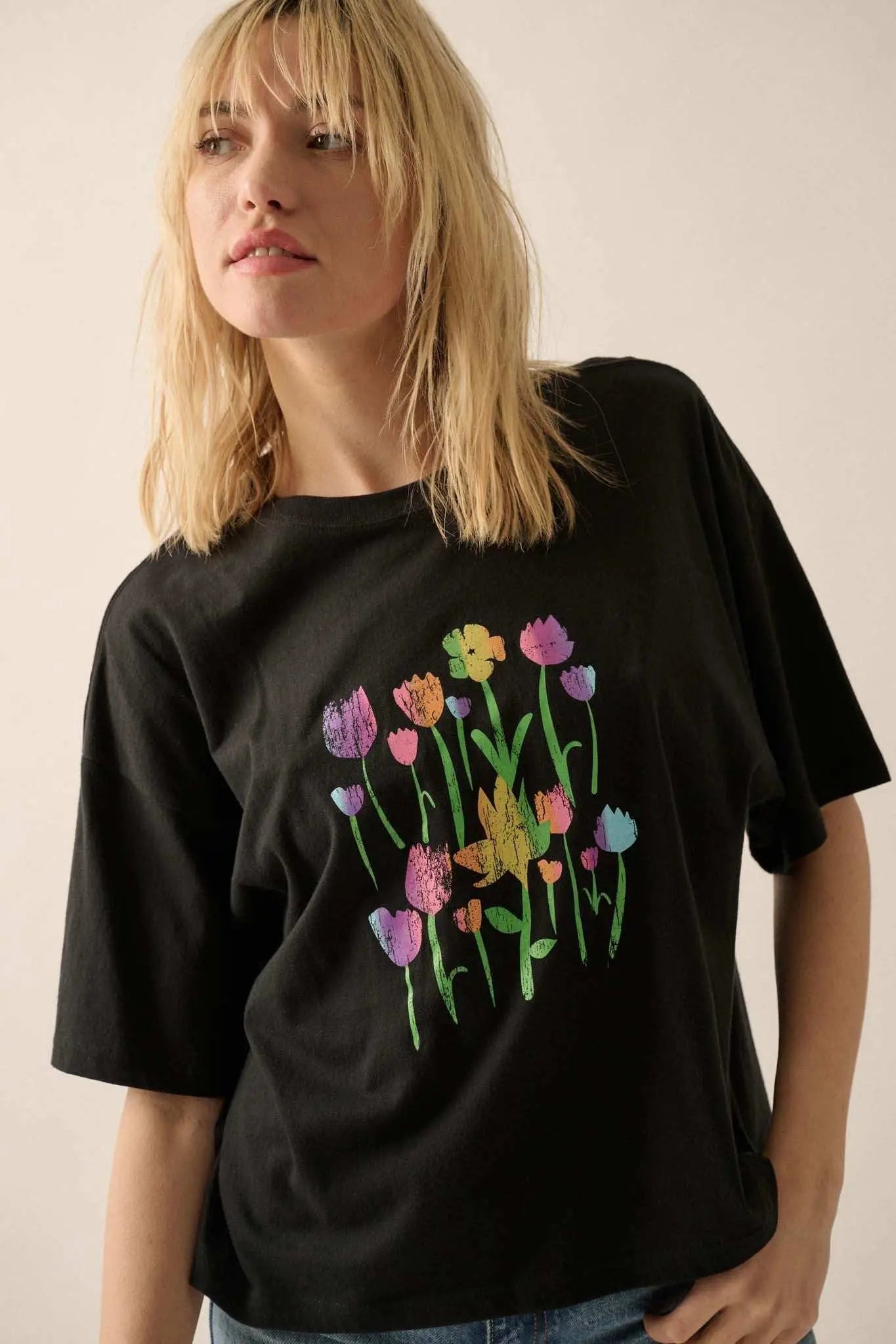 Prismatic Blooms Vintage-Print Flower Graphic Tee