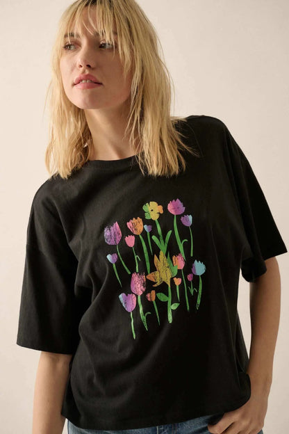Prismatic Blooms Vintage-Print Flower Graphic Tee